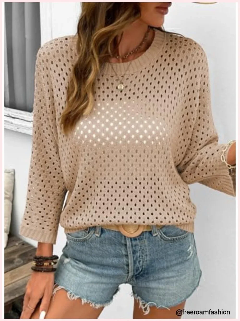Crochet Crew Neck 3/4 Sleeve Pullover Sweater